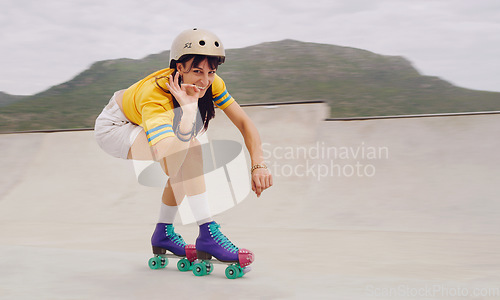 Image of Rollerskate, extreme sports and woman with perfect sign or hand gesture in a skate park with mockup outdoors. Athlete, skater and female skating, practicing or training with safety helmet