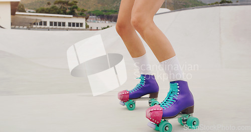 Image of Boots, legs and woman on roller skate for fitness, training and sport on the ground. Exercise, park and feet of a girl doing cardio, learning to skate for urban sports and practice an activity