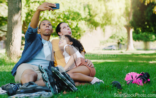 Image of Interracial parents selfie, girl and park with funny face, rollerskate and family profile picture, happy or holiday. Black man, mother and kid for relax, hug and diversity for social network photo