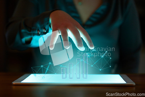 Image of Hand, tablet and hologram graph in night at office for fintech, cybersecurity and data analytics at desk. Woman, finance expert and 3d holographic chart for growth, stock market research and software