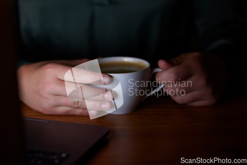 Image of Energy, night and hands with coffee at work for business, deadline and working a late shift. Drink, project and person at an office with a latte, warm beverage or drinking tea while doing overtime