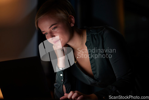 Image of Blackout, night and woman working in the evening doing remote work from home, house or apartment late. Person, workaholic and female entrepreneur typing on laptop in the dark due to power cut