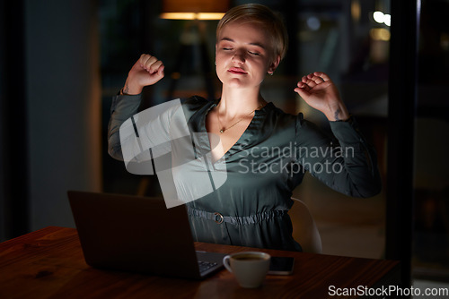 Image of Young woman stretching at desk for night health, muscle wellness and calm energy with work life balance. Business worker, employee or person on laptop with fatigue, tired and self care in office