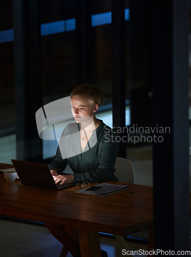 Image of Night, laptop and serious with business woman in office for planning, overtime and corporate strategy. Deadline, technology and email with employee typing at desk for proposal, trading and internet