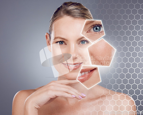 Image of Woman, portrait and skin wellness with hologram in studio, cosmetic beauty or face by gray background. Model, holographic overlay or aesthetic for ai analysis in zoom of eye, mouth or plastic surgery