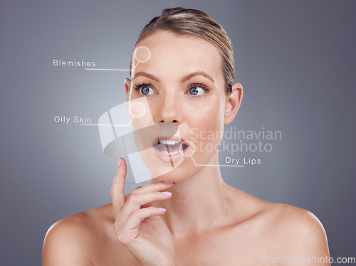 Image of Woman, studio and skincare with hologram for wellness, cosmetic beauty or wow face by gray background. Model, holographic overlay or futuristic aesthetic with ai analysis for facial treatment program
