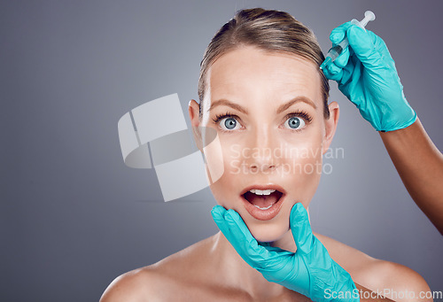 Image of Needle, scared woman and portrait for skincare, collagen or beauty process in studio. Cosmetics, surprise face and injection of plastic surgery, botox facial change or aesthetic prp implant on mockup