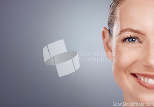 Image of Half face, woman and mockup portrait of beauty for wellness, studio and happy salon results. Closeup model, split facial and skincare of facial aesthetic, laser dermatology and smile on mock up space