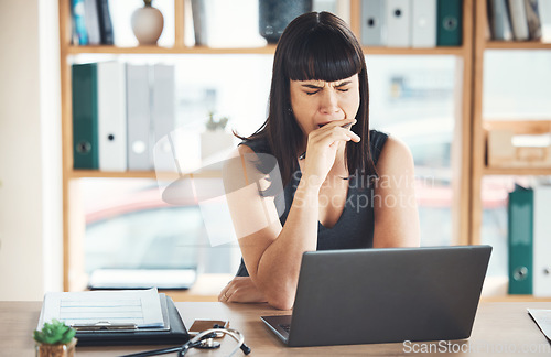 Image of Yawn, tired and business woman in office while working on laptop in company workplace. Computer, exhausted and bored young female employee yawning, fatigue and overworked, feeling sleepy or burnout.