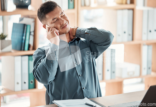 Image of Office, stress and man with neck pain, phone call at desk for crm communication, tired ceo at startup. Business manager, conversation and networking, businessman on smartphone with deadline pressure.