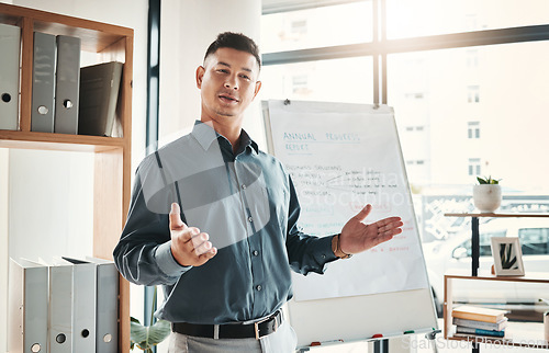 Image of Businessman, coaching and whiteboard in FAQ, presentation or leadership at office workshop. Male leader, coach or mentor speaking in staff training for marketing, planning or corporate strategy