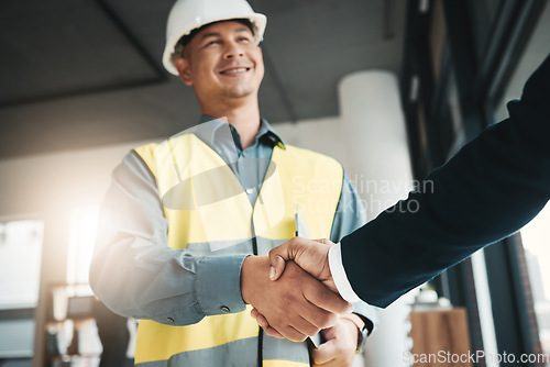 Image of Handshake, partnership and collaboration of engineer in office for contract, deal or onboarding. Architecture, thank you and people shaking hands for hiring, recruitment or agreement, b2b or greeting