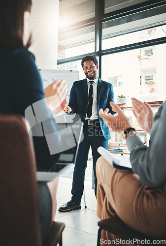 Image of Applause, black man and business people in presentation, meeting or workshop in office. Leadership, congratulations and group of employees clapping for goals, speech targets or success celebration.