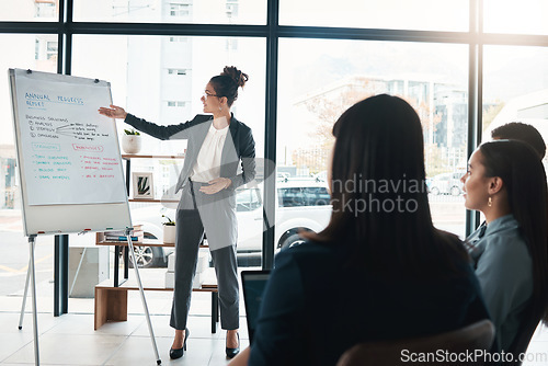 Image of Business woman, coaching and whiteboard in presentation idea or leadership at office workshop. Female leader, coach or mentor speaking in staff training for marketing, planning or corporate strategy