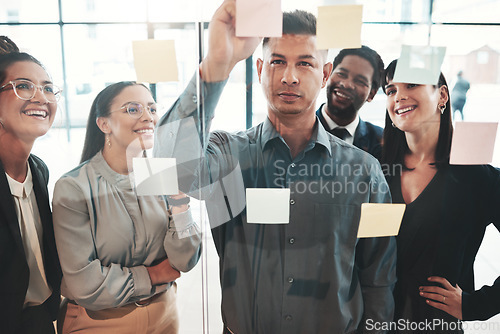 Image of Planning, brainstorming and business team in a meeting of strategy development at a startup company in the office. Leader, founder and businessman doing a presentation in teamwork with sticky note