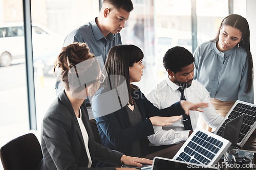 Image of Business people, solar panel presentation and planning in office with investor group, ideas and design choice. Businessman, renewable energy proposal and sustainability with women, teamwork or goals