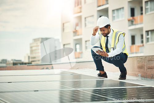 Image of Solar panels, renewable energy and black man with tablet for engineering, maintenance and inspection. Sustainability, construction and electrician with digital tech for clean photovoltaic electricity