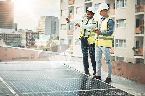 Image of Solar panels, engineering and business people with tablet for construction, maintenance and planning. Teamwork, renewable energy and men with digital tech for sustainable photovoltaic electricity