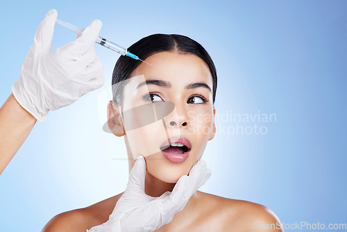 Image of Plastic surgery, surgeon hands and scared face for beauty, filler and change for woman. Aesthetic model person fear for doctor cosmetic injection, transformation or dermatology gradient background