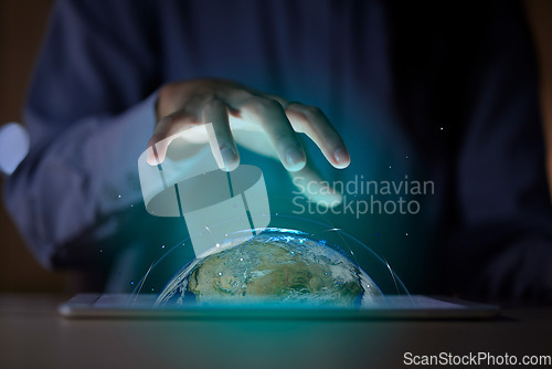 Image of Hands, earth and 3d tablet world, cyber planet or augmented reality. Globe, technology and business woman with hologram of future sphere for eco friendly, globalization and sustainability in office.