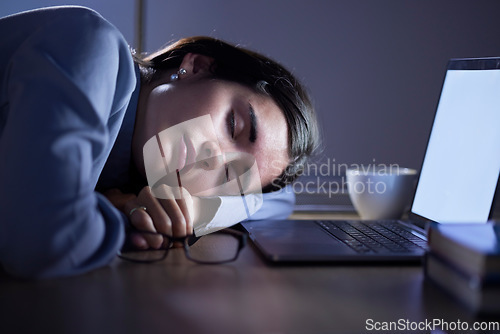Image of Tired, sleep and business woman in office resting after working on laptop mockup at night. Sleeping, relax and female employee with fatigue, burnout or exhausted, overworked and nap, asleep or sleepy