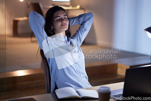 Image of Tired, sleeping and business woman in office resting after working late on laptop at night. Sleep, relax and female employee with fatigue, burnout or exhausted, overworked and nap, asleep or sleepy