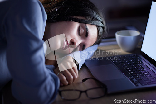 Image of Sleep, tired and business woman in office resting after working late on laptop at night. Sleeping, relax and female employee with fatigue, burnout or exhausted, overworked and nap, asleep or sleepy.