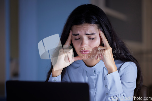 Image of Business woman, stress and headache with burnout, corporate fatigue and laptop glitch with mental health. Working night, overtime and deadline problem, 404 and depression, overworked and frustrated