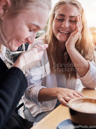 Image of Coffee shop, funny couple of friends on social date or conversation in morning for gen z lifestyle. Young people or women laugh, talking together with latte cup in cafe or restaurant on student break