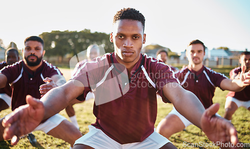 Image of Sports, men and portrait of a rugby team on a field for stretching, training and fitness exercise. Athlete group people train for teamwork, competition game and diversity with workout and performance