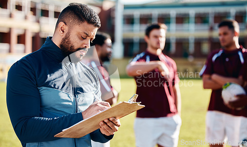 Image of Fitness, rugby and coach with clipboard, teamwork and training for competition, workout and wellness. Male, trainer and group with healthy lifestyle, sports and practice for exercise, support or plan