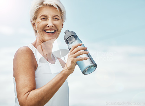 Image of Senior woman, fitness and water bottle with smile for hydration or thirst after workout, exercise or training in nature. Portrait of happy elderly female smiling for natural refreshment on mockup