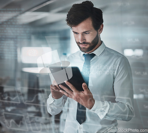 Image of Digital, tablet data overlay and database of business man with fintech graphic in office. Futuristic, serious worker and stock market growth hologram with businessman working on future investment