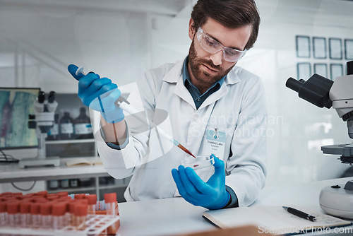 Image of Science, petri dish and man scientist for healthcare research test, analysis or neurology study in laboratory. Focus medical worker, chemistry professional or expert with blood DNA sample for cancer