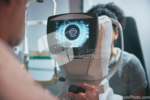 Image of Ophthalmology, eye scan and woman with a doctor for a consultation, vision test and lens check. Surgery, medicine and image of eyes of a girl on a machine screen for optic testing and problem