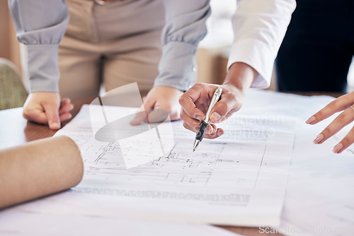 Image of Team work, hands or architect drawing a blueprint or planning a real estate building or development in an office. Civil engineering, zoom or designers with vision of renovation or project management