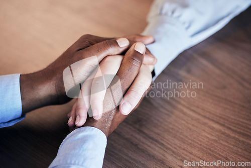 Image of Holding hands, support and couple of friends community and solidarity together. Love, partnership and gratitude of people with faith, hope and hand gesture for cancer sympathy, kindness and bad news