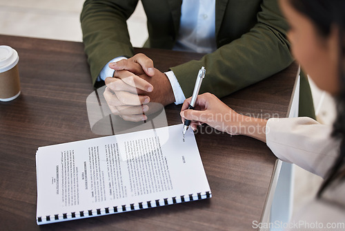 Image of Legal, signature and contract with hands of people planning on documents for partnership, b2b and agreement. Lawyer, financial advisor and consulting with man and woman for writing, deal and review