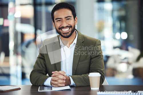 Image of Planning, office portrait and happy man with company mission, goals and startup management strategy. Professional employee, business or corporate person with ideas, vision for success and leadership