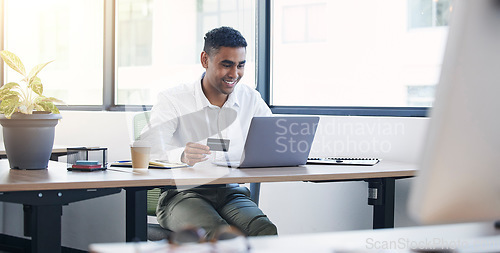 Image of Computer payment, credit card and business man smile doing corporate banking budget work. Office, savings information and loan of a insurance agent employee working with company finance investing