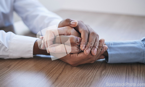 Image of Closeup, holding hands and people with support, partnership and collaboration for compassion, helping and cancer. Zoom, hand or teamwork with empathy, meeting or community care, depression or sad