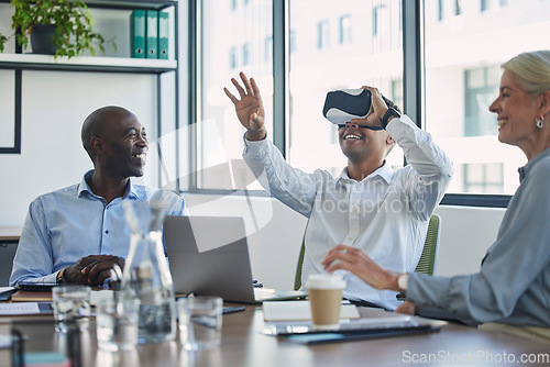 Image of Virtual reality, people meeting and futuristic developer test, future technology review and metaverse experience. VR glasses of digital team, employees or business group for cyber app development
