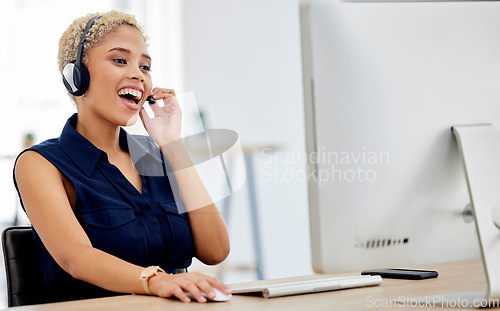 Image of Callcenter, customer service or woman on computer for customer support, consulting or networking in office. Manager, CRM or sales advisor on tech for telemarketing, research or contact us help