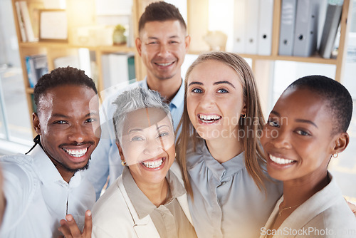 Image of Selfie, bonding and portrait of business people at work for team building, fun and collaboration. Friends, teamwork and happy employees smiling for a photo, office memory and diversity together