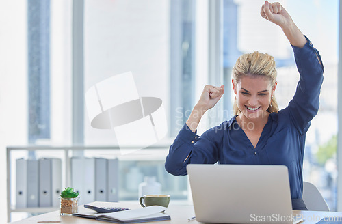 Image of Business woman, laptop and celebration for winning, promotion or victory bonus at office desk. Happy female employee celebrating win, deal or discount on sales or good news on computer at workplace