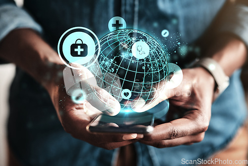 Image of Hands, phone and black man with earth hologram for global health insurance, telehealth or medical service. Patient, smartphone app ux and typing for health, consulting and 3d holographic ui of planet