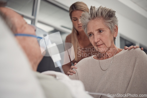 Image of Sad family, old woman and man in bed at hospital with ventilator for breathing, healthcare or support. Senior wife, husband and deathbed with cancer in lungs at clinic, mother and daughter solidarity