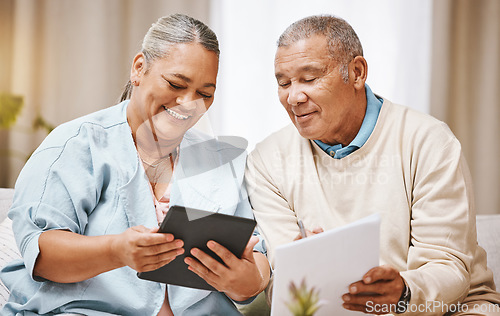 Image of Finance, tablet and senior couple with documents for taxes, mortgage payment and savings. Retirement home, online banking and elderly people with application form for loan, investment and pension
