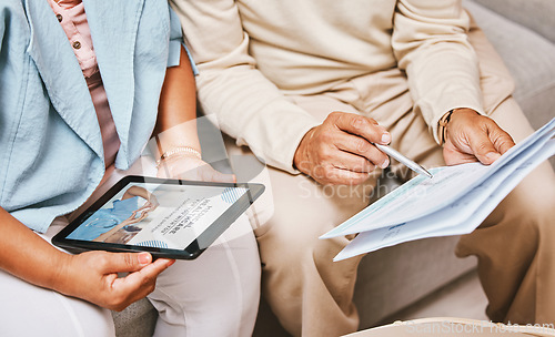 Image of Finance documents, tablet and senior couple with paperwork for mortgage, payment and savings. Insurance, retirement home application and hands with digital tech for contract, investment and pension