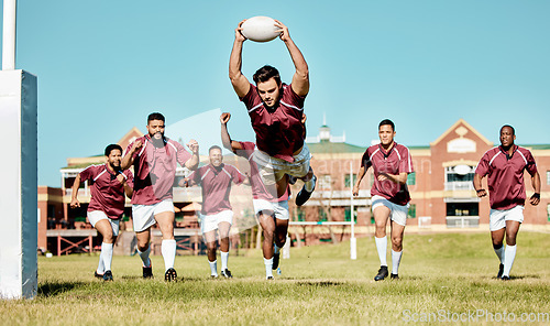 Image of Rugby, athlete on field and sports game with men, team running and player score a try with ball, fitness and active outdoor. Exercise, championship match and teamwork with cheers, action and energy